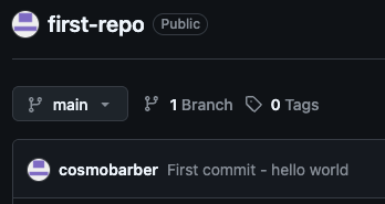GitHub first commit by cosmobarber: "First commit - hello world"